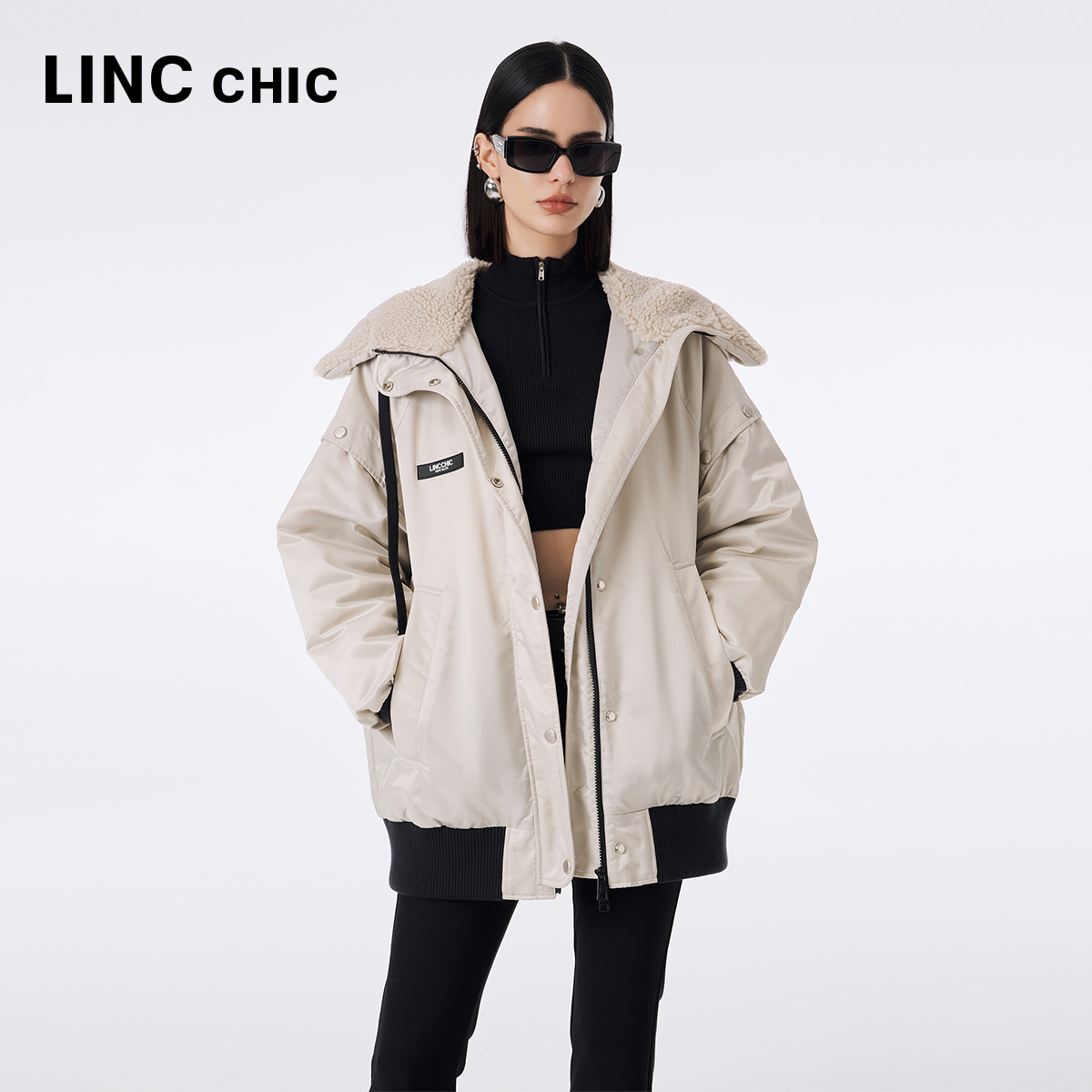 LINCCHIC金羽杰羽绒服女中长款2023秋冬新品量感大披肩帽夹克3264