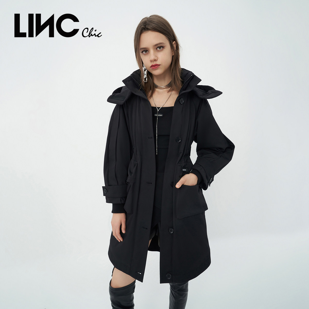 LINCCHIC金羽杰羽绒服女轻奢风衣感通勤长款羽绒服女冬季806399