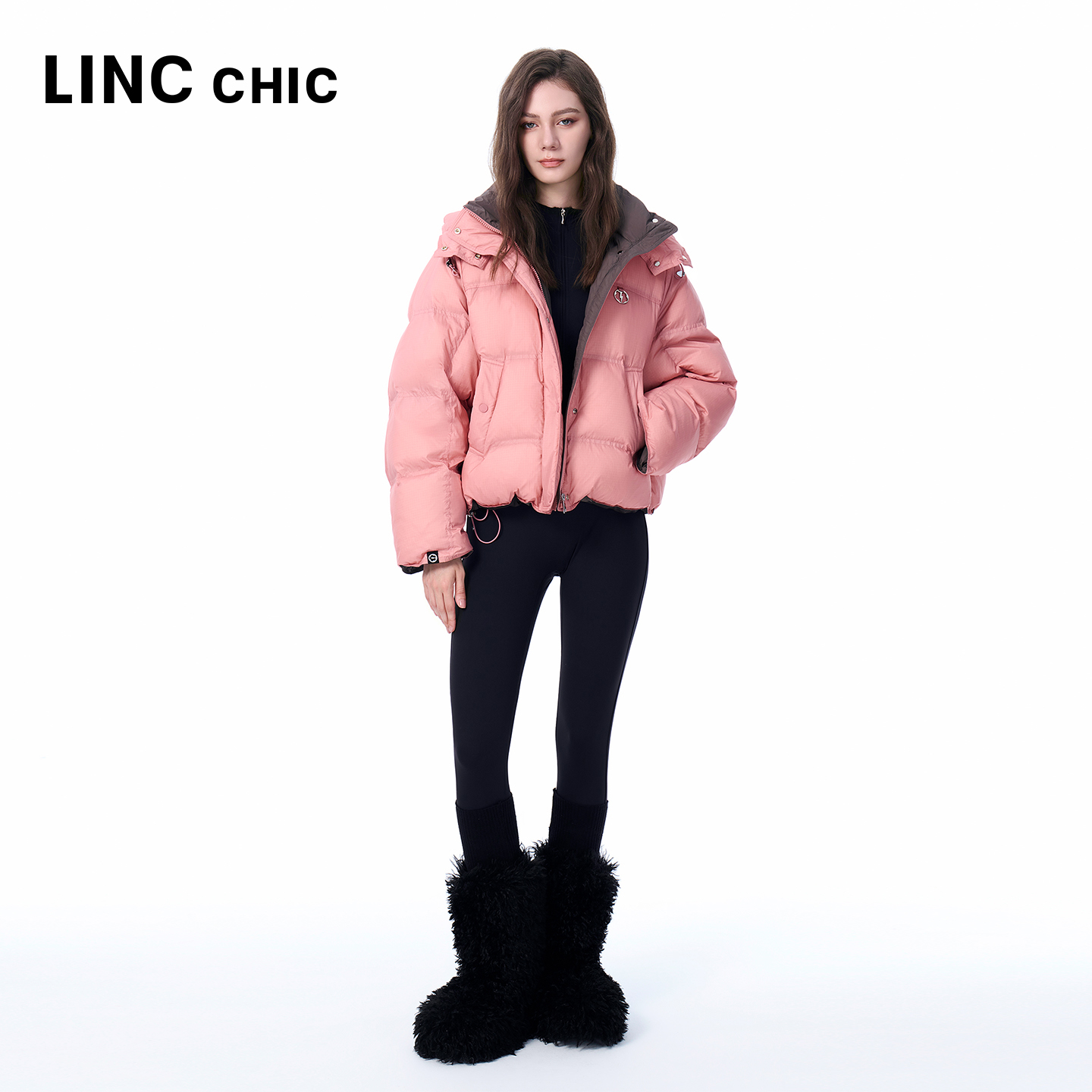 LINCCHIC金羽杰2025年冬季新款羽绒服落肩围裹感连帽羽绒服女1188