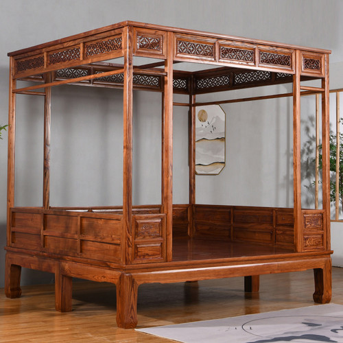 全实木仿古新中式红木南榆木雕花千工月洞架子床拔步踏步床双人床 - 图2