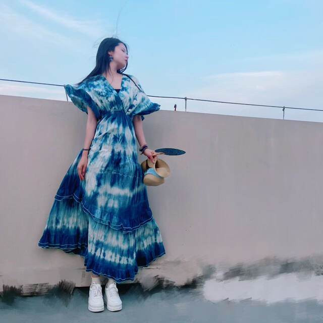Yiche ຝ້າຍບໍລິສຸດຕົ້ນສະບັບ tie-dye strappy ruffle backless