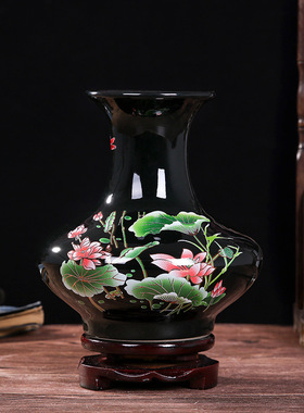 景德镇陶瓷装饰水晶釉花瓶中式贴花工艺品摆件纯手工黑底荷花花瓶