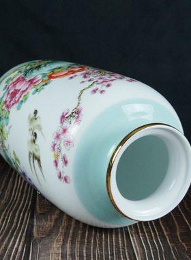 描金中式粉彩花瓶景德镇家居客厅花鸟陶瓷摆件博古架玄关工艺品