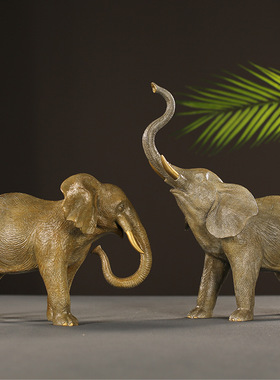 大象母子象吉象如意黄铜彩铜摆件家居客厅玄关铜摆饰办公室装饰品
