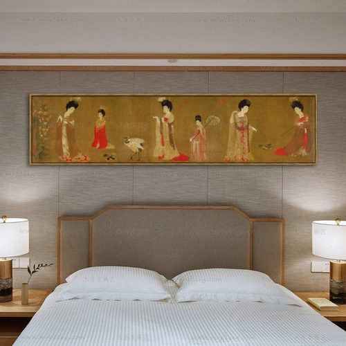 米亦堂x簪花仕女图 新中式唐代横幅仿古国画客厅餐厅卧室床头挂画 - 图3