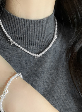 简约新款施家珍珠蝴蝶结项链手链套装小众高级感INS风复古毛衣链