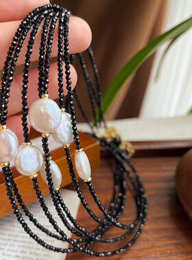 店主力荐天然淡水巴洛克珍珠项链人造黑尖晶石锁骨链