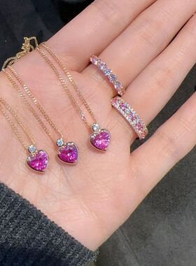 法式轻奢复古桃红钻爱心项链时尚简约精致小众设计甜美高级锁骨链