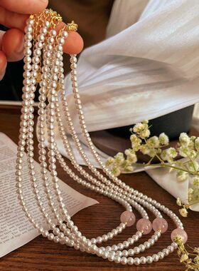 正圆强光仿澳白施家珍珠项链天然粉晶水晶珠锁骨链