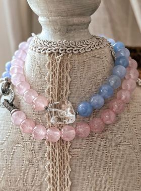 新中式复古国风天然粉水晶撞色蓝色石英岩玉天然白水晶项链颈