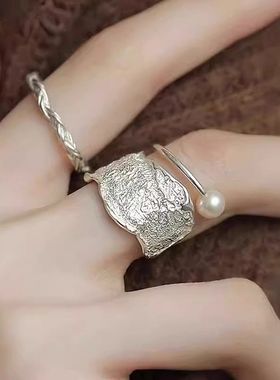 s925纯银双层珍珠戒指女2025新款小众设计轻奢高级感复古开口指环