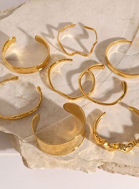 欧美跨境不锈钢18K金手镯高级感不规则手环捶打纹波浪开口镯