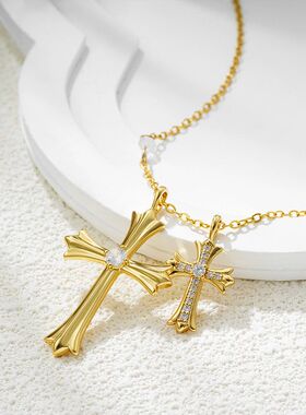 欧美跨境不锈钢18K金镶钻十字架项链嘻哈镶锆石吊坠潮流米珠链条
