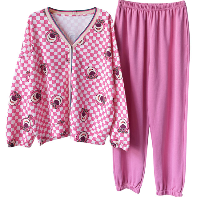 gillaimar pajamas women's autumn long-sleeved cartoon strawberry bear  squirrel plaid cardigan bear home clothes