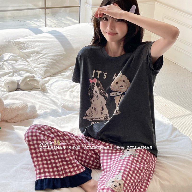 小熊家家居服2025春季新款可爱卡通蝴蝶结小狗花边格子睡衣套装女,淘宝优惠券,粉丝福利购,淘宝优惠卷