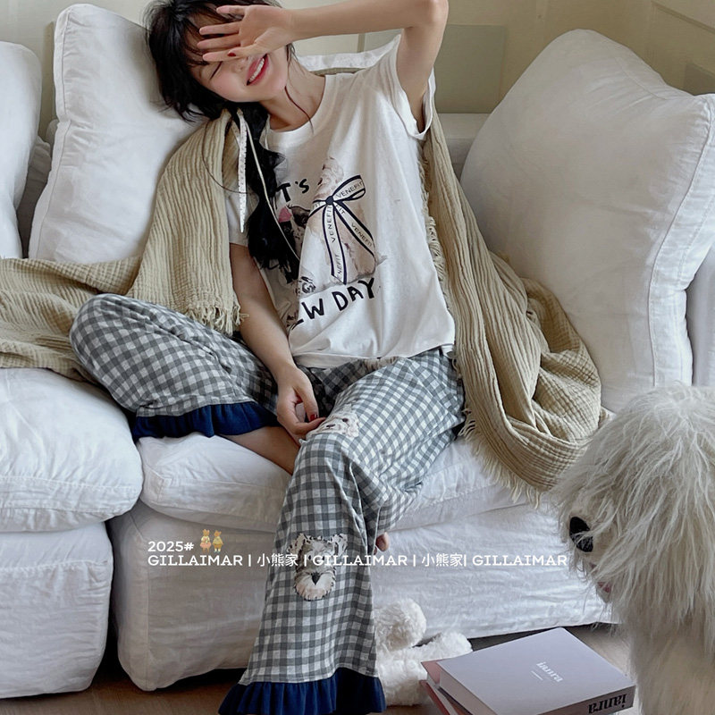 小熊家家居服2025春季新款可爱卡通蝴蝶结小狗花边格子睡衣套装女,淘宝优惠券,粉丝福利购,淘宝优惠卷