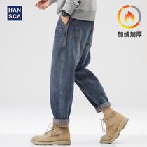 hansca autumn winter thick and dark blue jeans man with velvet trump retro american loose straight barrel long pants man