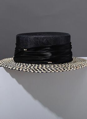 麦杆大锯齿边撞色麻纱时尚简约大檐草帽女夏季防晒出游度假遮阳帽