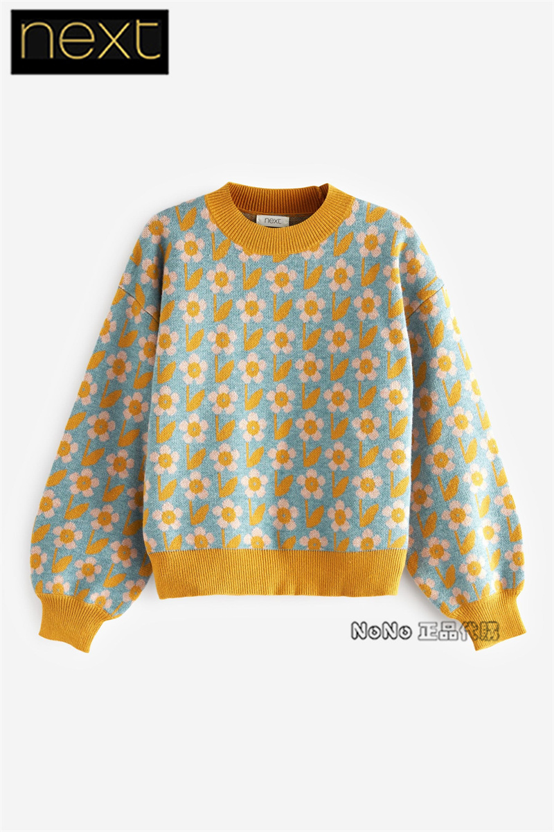 Next英国正品女童大童可亲子姜黄色花朵针织衫毛衣M86-798