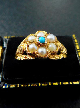 轻奢古董镶嵌珍珠天然绿松石戒指