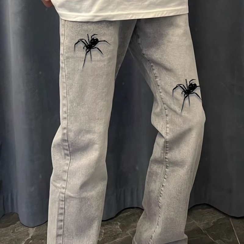 中大童美式高街印花蜘蛛牛仔裤休闲潮ins直筒黑色烟灰色裤子男款,淘宝优惠券,粉丝福利购,淘宝优惠卷