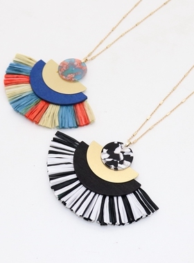 半圆木头电镀拉菲草树脂长款项链