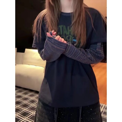 加厚磨毛字母印花条纹拼接假两件长袖T恤女2026早春百搭显瘦上衣 - 图1