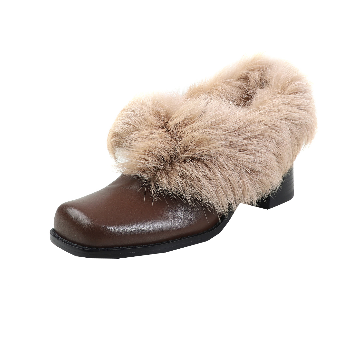 5.5cm真皮羊毛鞋口粗跟单鞋女加绒保暖毛毛鞋法式复古高跟小皮鞋 - 图3