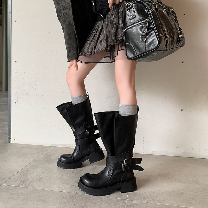 5.5cm复古皮带扣骑士靴女2025新款束口大筒围厚底增高机车长筒靴 - 图2