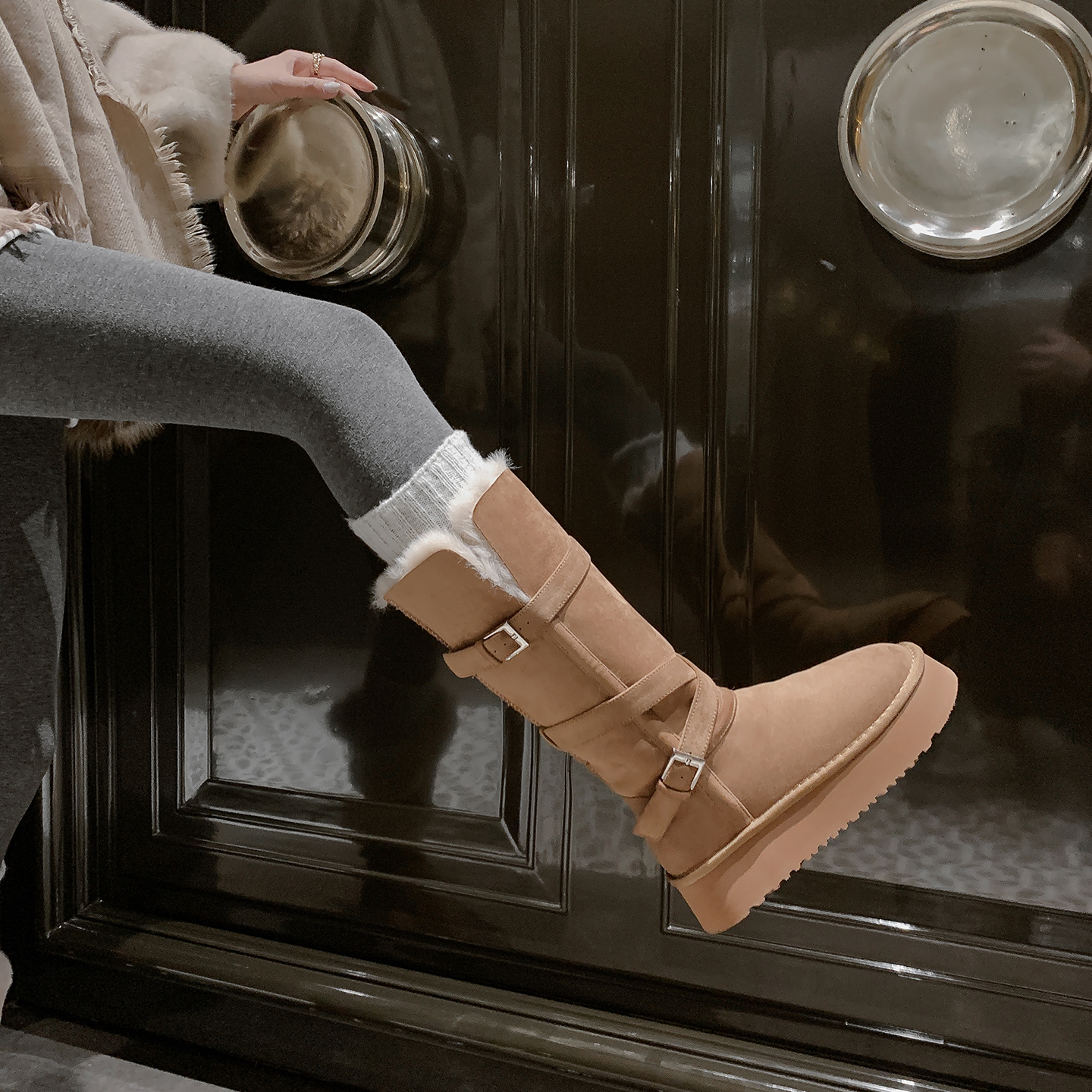 4.5cm圆头保暖厚底东北棉鞋女冬季两穿加绒加厚毛毛长筒靴雪地靴 - 图1