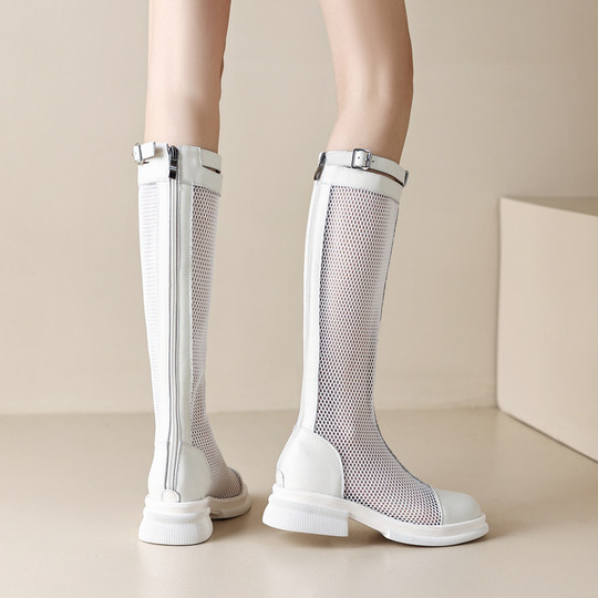 夏季薄款骑士靴女真皮网纱镂空高筒靴不过膝瘦腿长筒凉靴网面大码