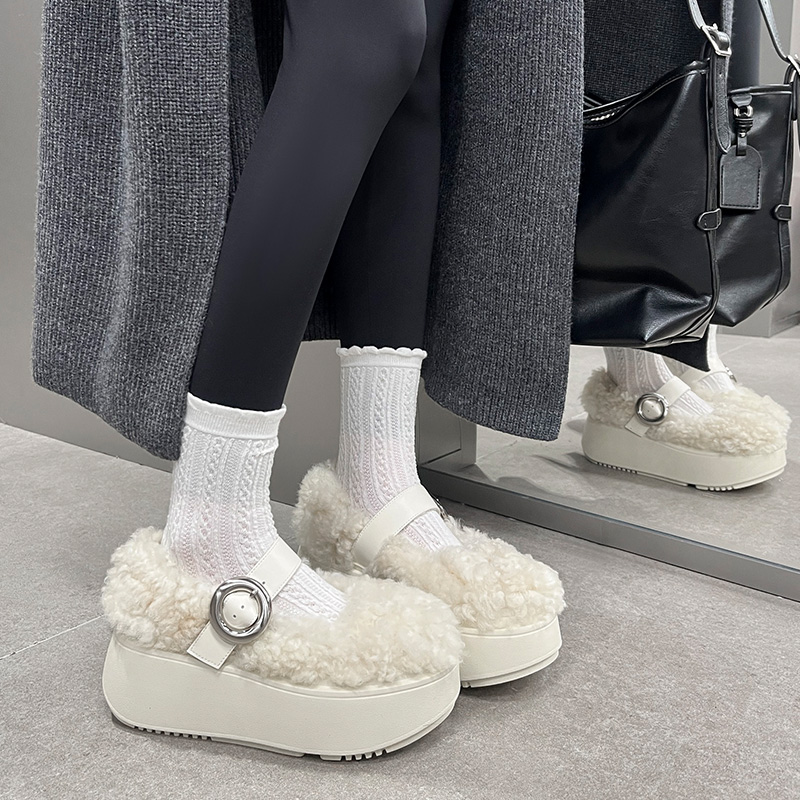 厚底羊羔毛加绒保暖玛丽珍鞋女秋冬新款一字带增高浅口白色毛毛鞋 - 图2