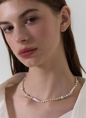 原创灰色牙签珍珠项链气质锁骨链