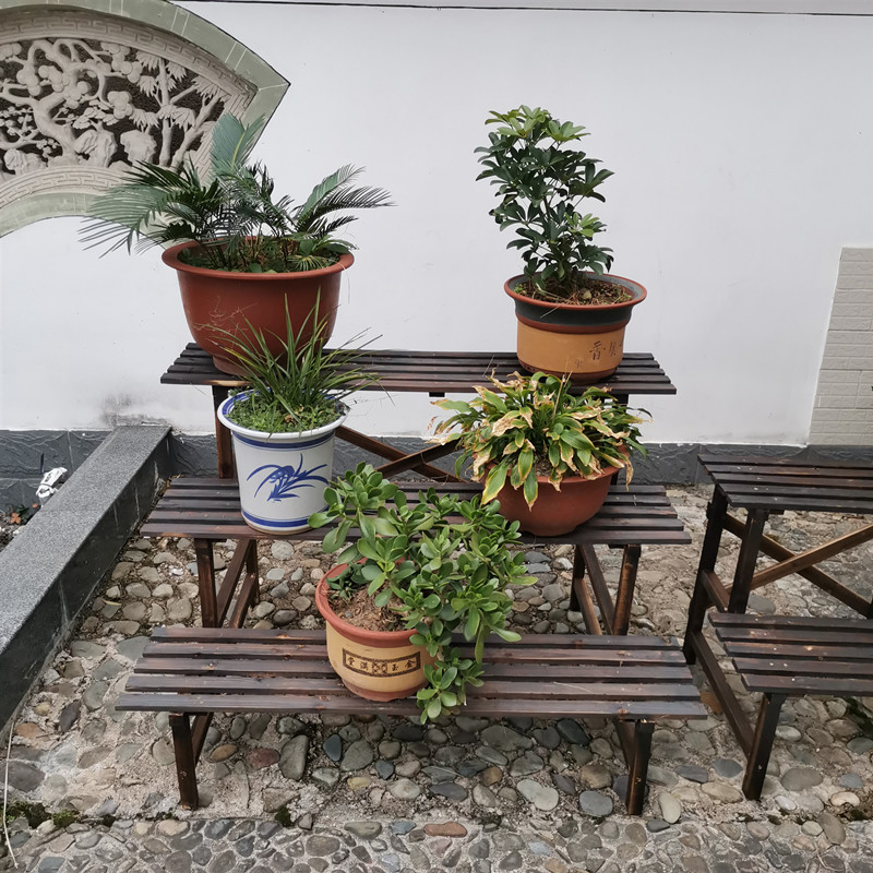 碳化防腐木花架阳台实木花架阶梯花架三层花盆架多层花架拐角花架 - 图0