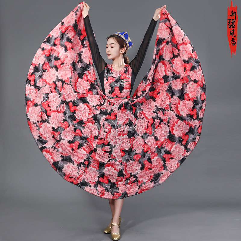 满钻印花连衣裙新款新疆舞蹈服装720度大摆裙维族民族风跳舞裙子