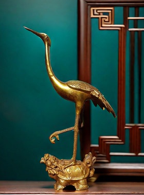 古玩收藏旧藏纯铜鎏金龟鹤延年龟鹤家居办公室桌面吧台贺寿摆件