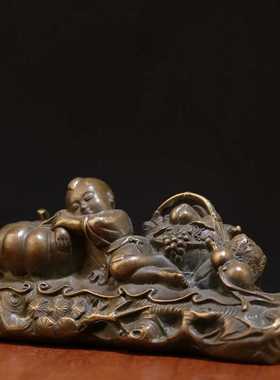 古玩收藏纯铜仿古人物摆件五谷丰登高枕无忧家居客厅摆件装饰品