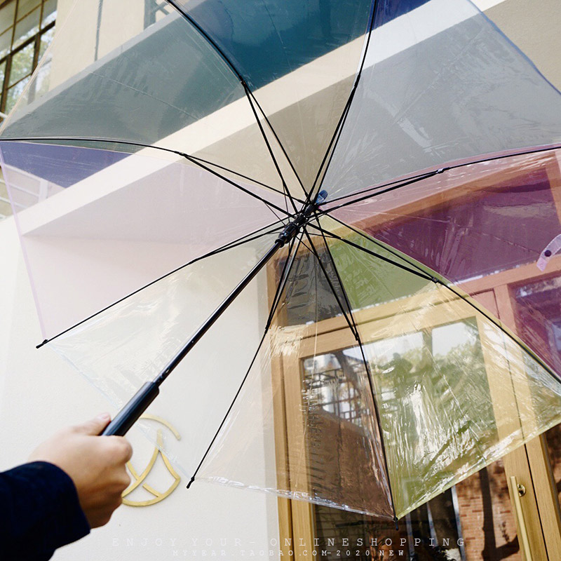 小清新少女心彩虹色心情日系七彩韩国直伞网红雨伞女透明伞长柄伞 - 图2