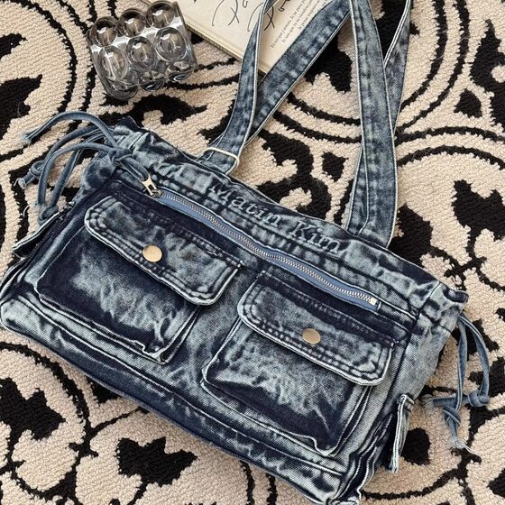 Korean style retro washed denim tote bag