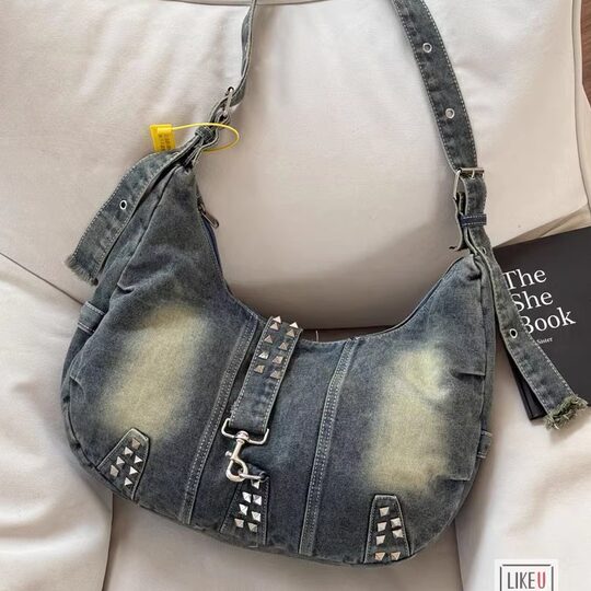 Xifanni retro distressed rivet washed denim bag