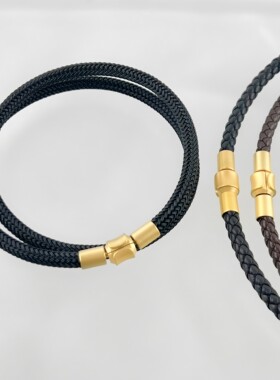 皮绳钢丝双圈手绳挂绳粗款XL锁骨绳金色哑光钢扣串珠颈绳项链绳