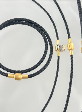 金色哑光钢扣串珠颈绳项链绳棕黑皮绳双圈吊坠挂绳手绳编织锁骨绳