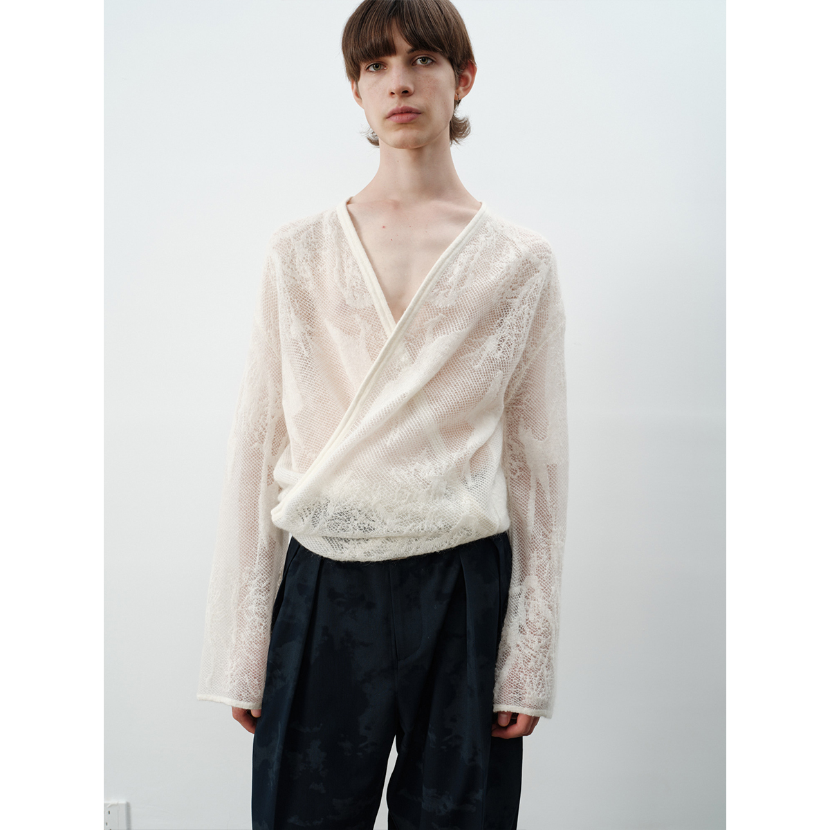 GRAINMUSTARD 婴儿羊驼镂空提花针织开衫复古绑带网纱裹袍外套 - 图0