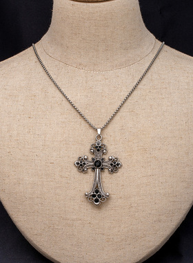欧美跨境镶钻十字架吊坠项链复古做旧朋克嘻哈金属毛衣链女锁骨链