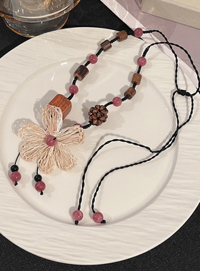 新中式拉菲草大花朵吊坠项链女清冷感古风木质串珠毛衣链小众设计