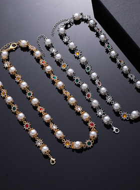 波西米亚彩色宝石超闪水钻小太阳项链手链套装潮酷个性锁骨链手串