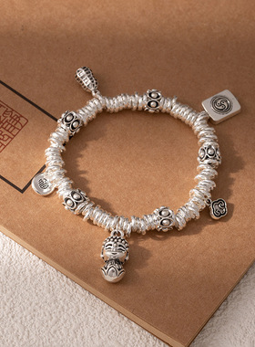 新中式碎银子串珠招财猫盘缠手链祝福招财进宝手串情侣礼物手饰品