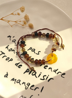 美拉德渐变咖色手工串珠平安扣手链新中式复古简约精致可调节手串