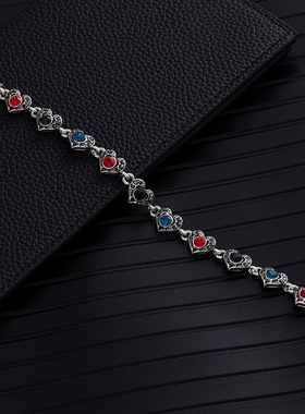 绿色民族风松石彩钻花朵优雅红宝石手链复古高级感冷淡风异域手串