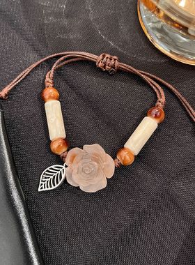 新中式串珠干枯玫瑰花朵手链女轻奢小众复古个性清冷感手饰民族风